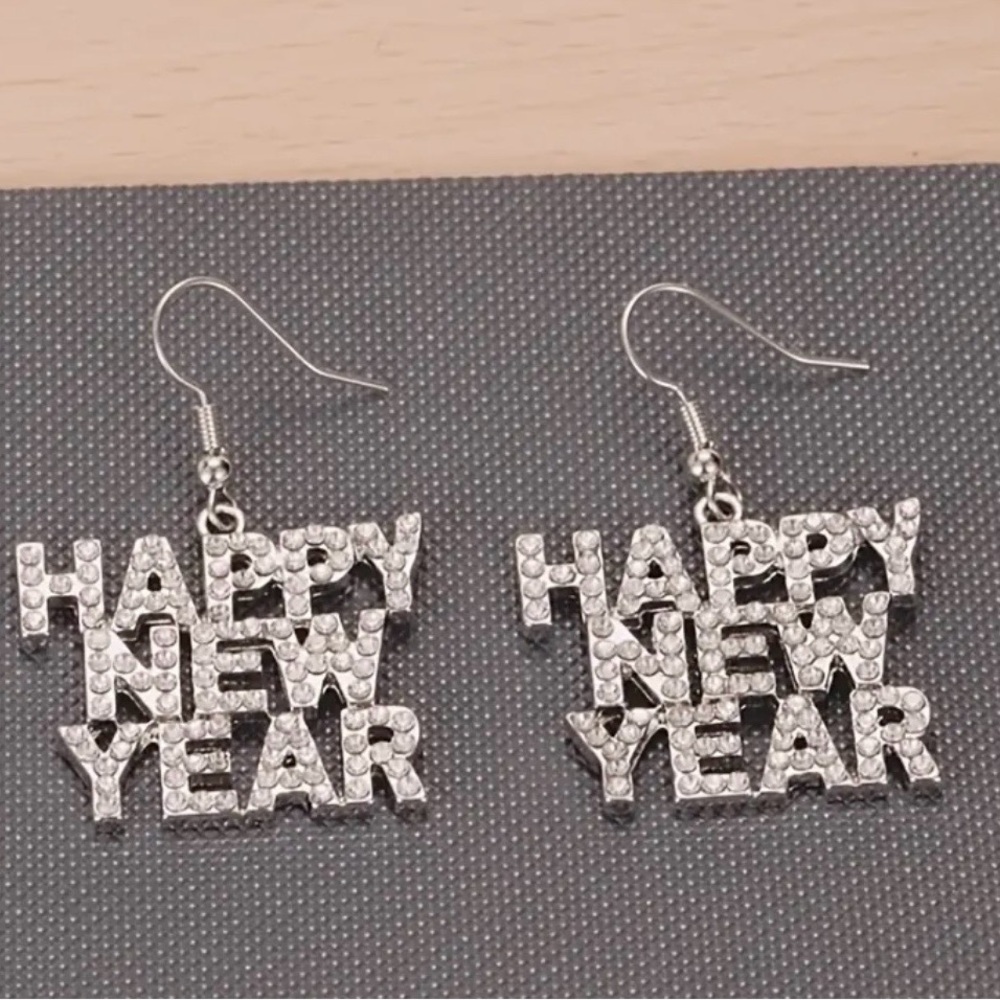 Rhinestone "Happy New Year" Silver Drop Earrings - Women Jewelry